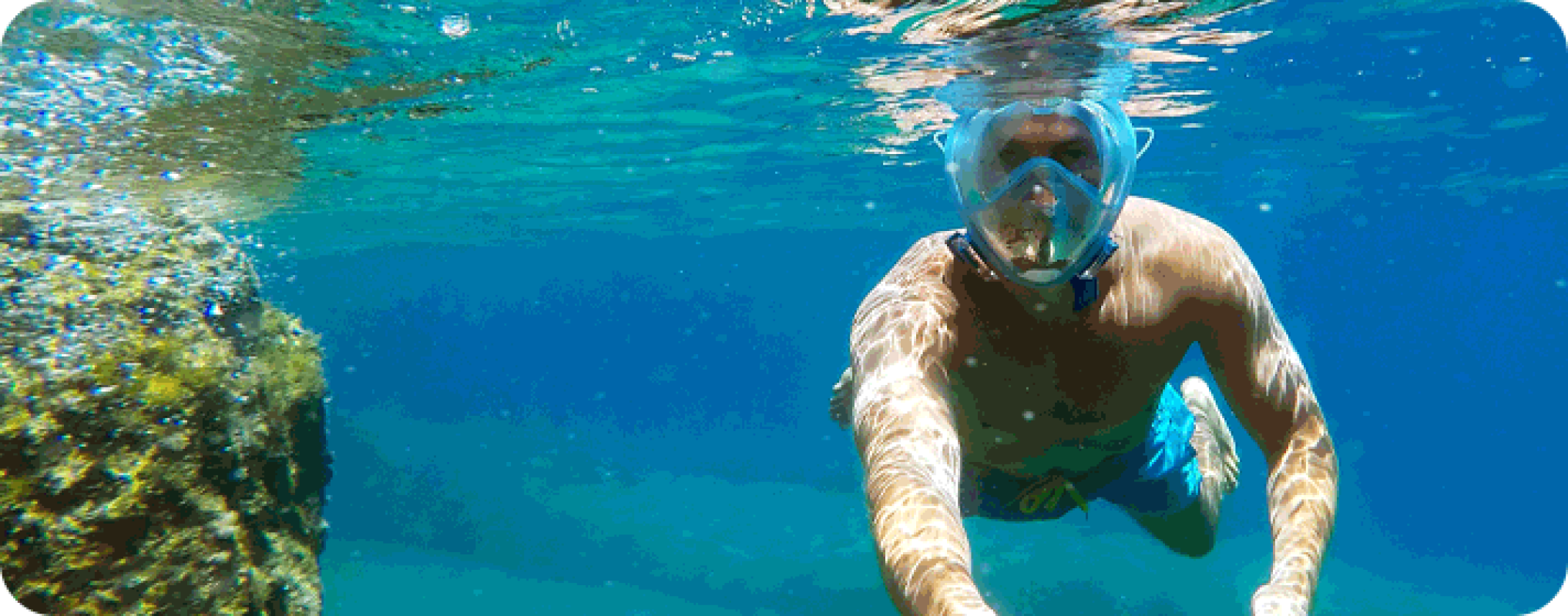 A man wearing a blue swimsuit is swimming in the ocean.